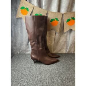 Nordstrom Women's Kora Tall Boot Sz 9.5M Pointy Toe Kitten Heel Brown Leather